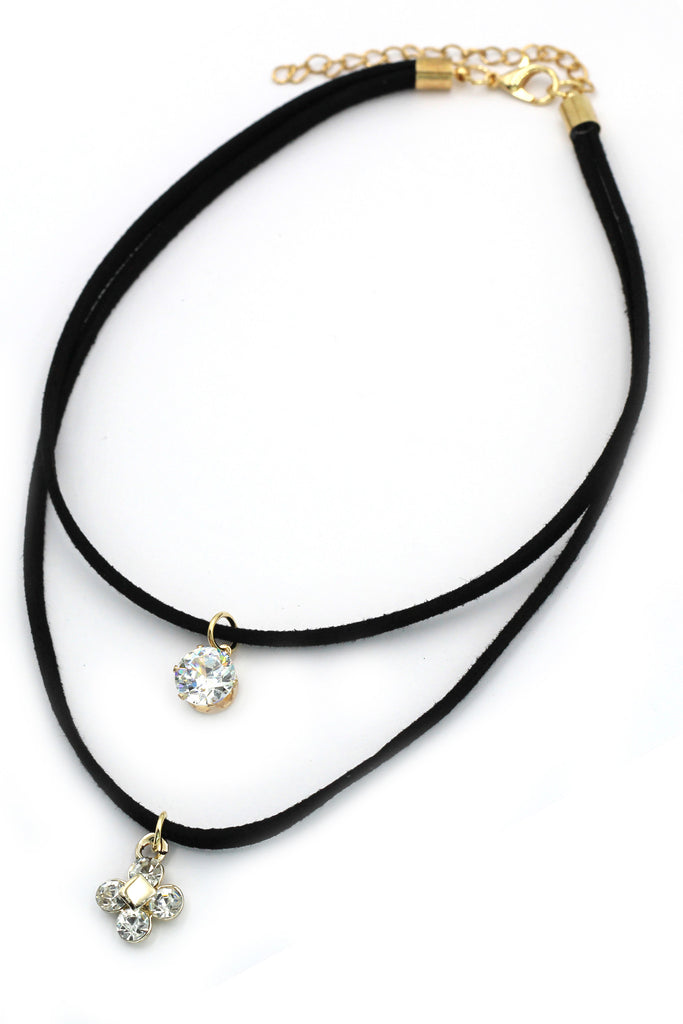 fashion double-chain crystal and flower pendant black choker
