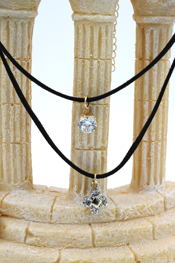 fashion double-chain crystal and flower pendant black choker