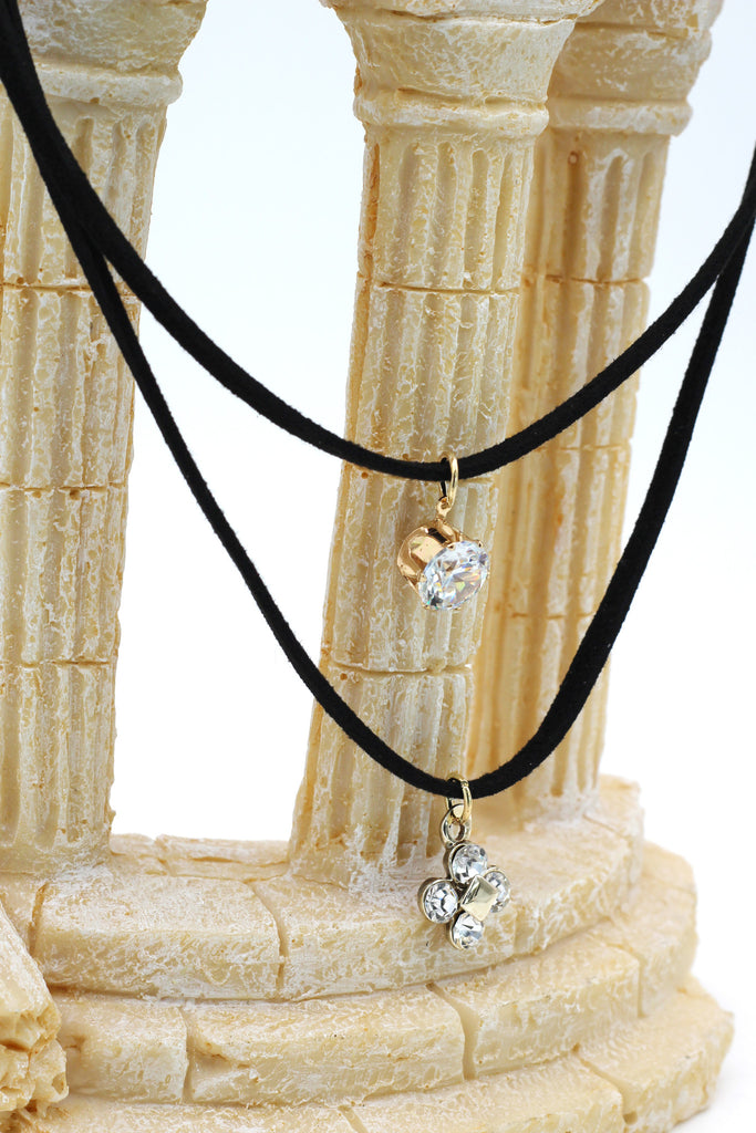 fashion double-chain crystal and flower pendant black choker