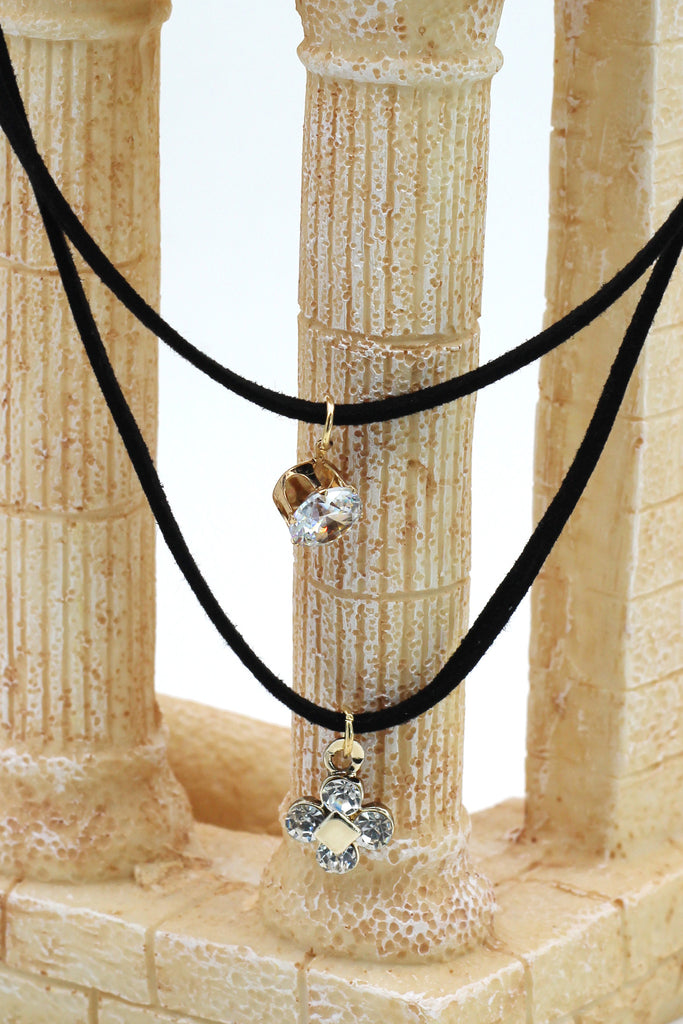 fashion double-chain crystal and flower pendant black choker