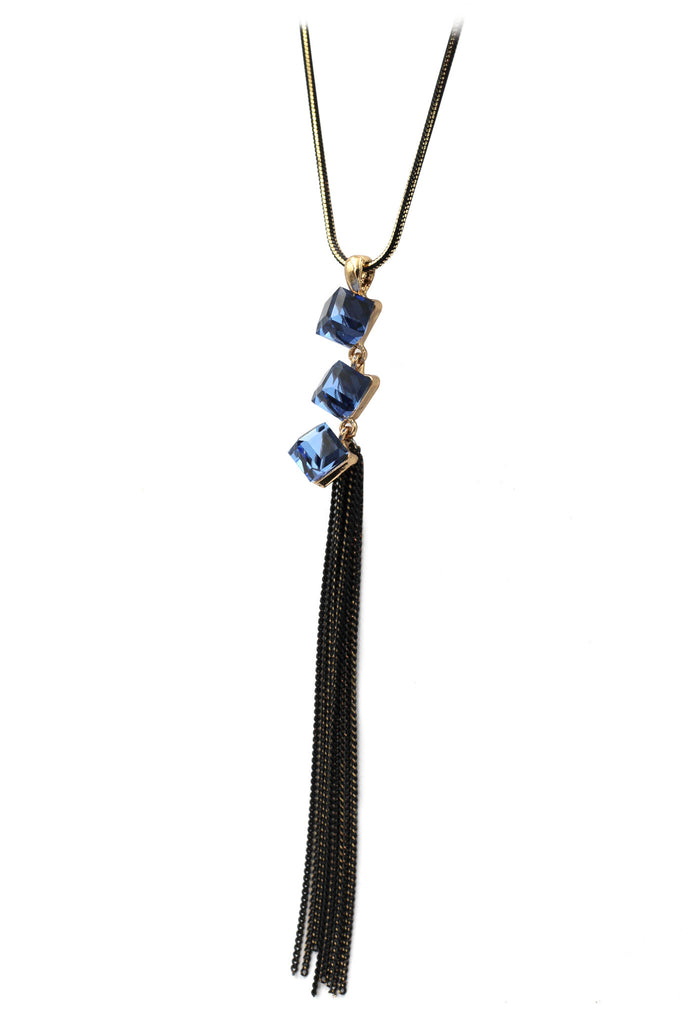 fashion square blue crystal tassel necklace