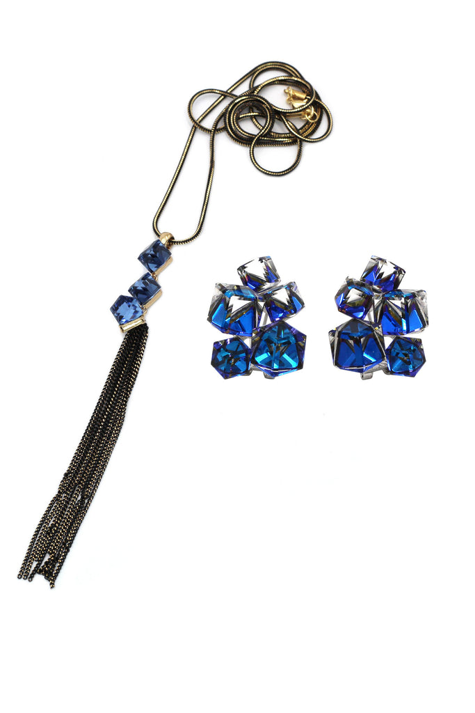 fashion blue crystal square earrings necklace set