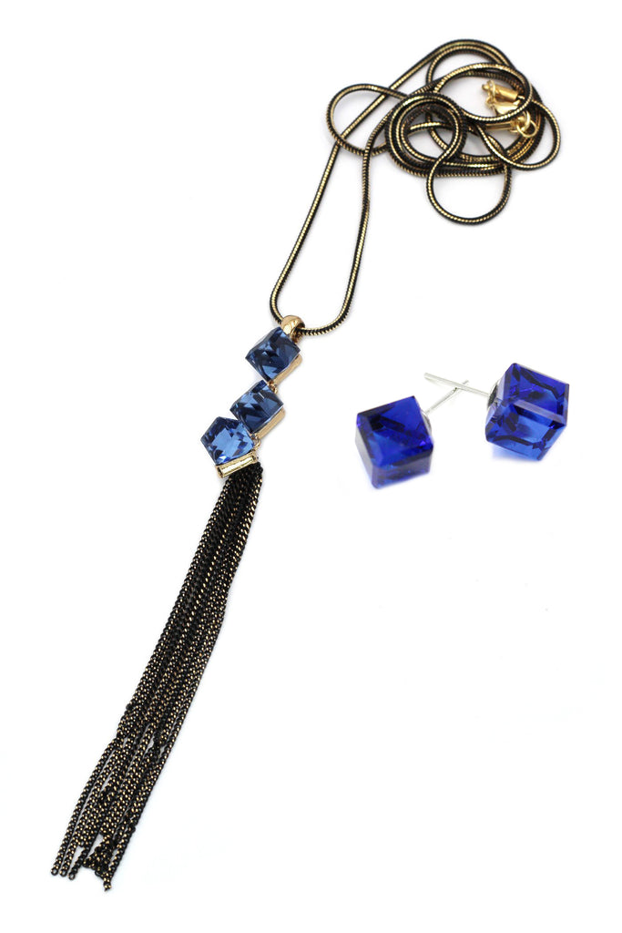 purple square crystal tassel necklace earring set