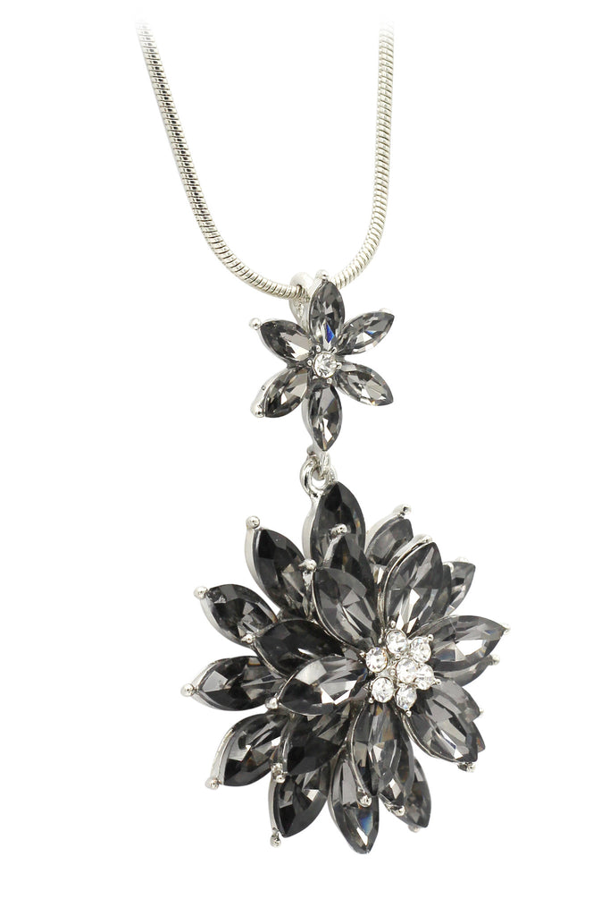 fashion pendant black crystal flowers silver necklace