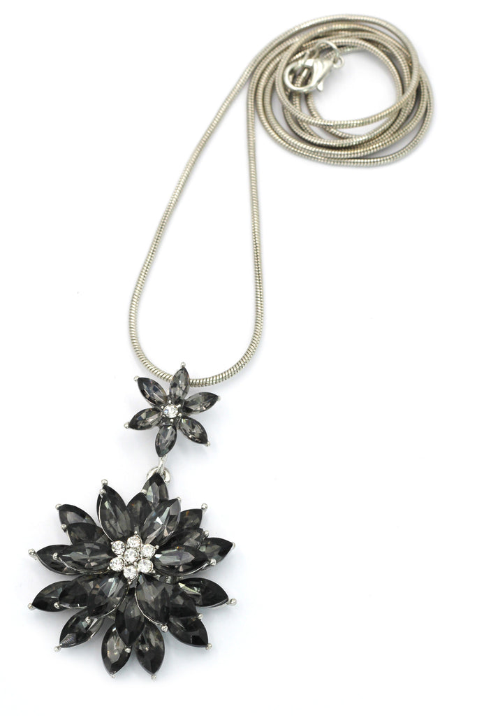 fashion pendant black crystal flowers silver necklace