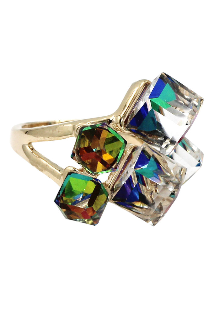 noble color square crystal golden ring