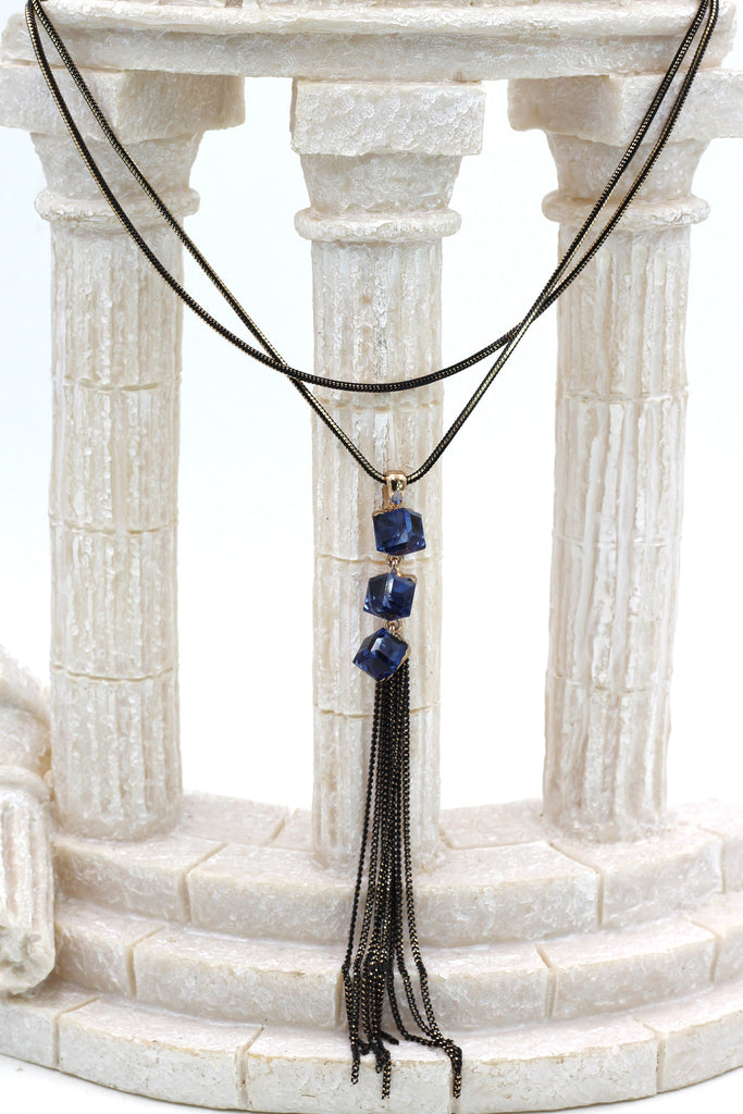 fashion square blue crystal tassel necklace