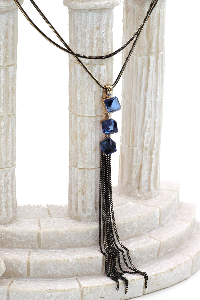 fashion blue crystal square earrings necklace set