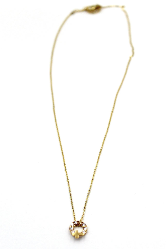 Crystal circle mini cross necklace