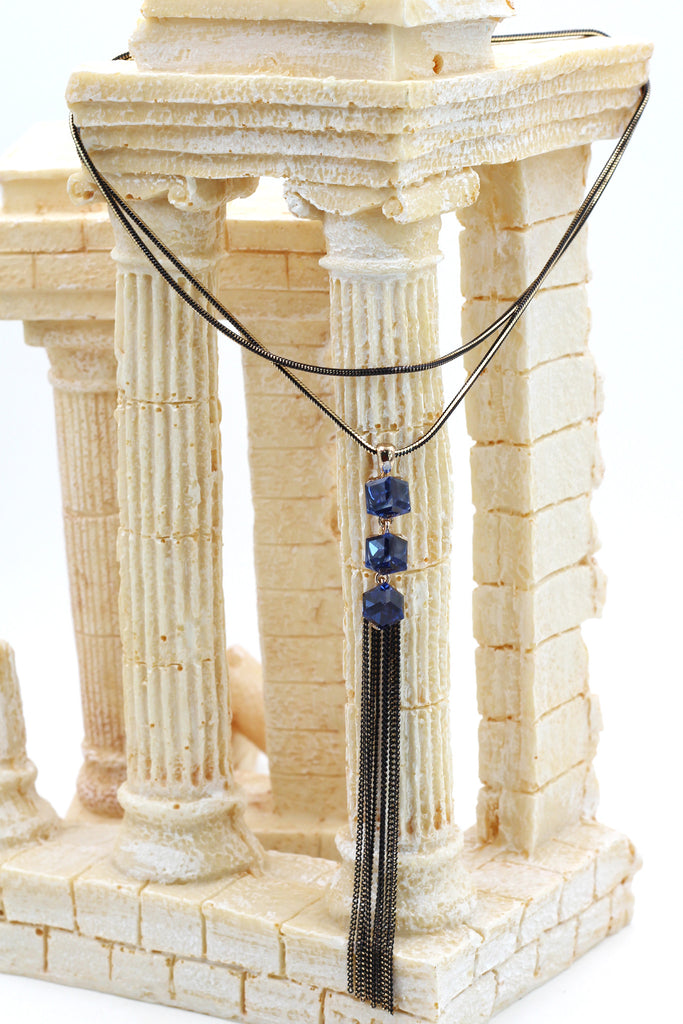 fashion square blue crystal tassel necklace