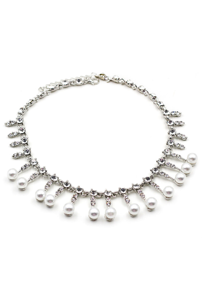Silver pearl little crystal necklace earrings set