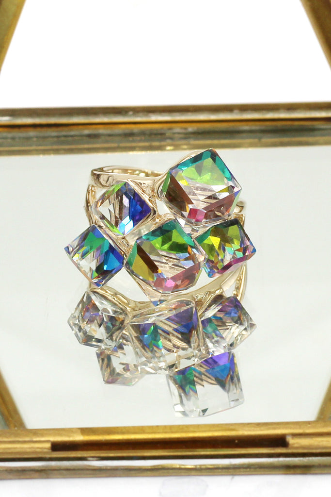 noble color square crystal golden ring