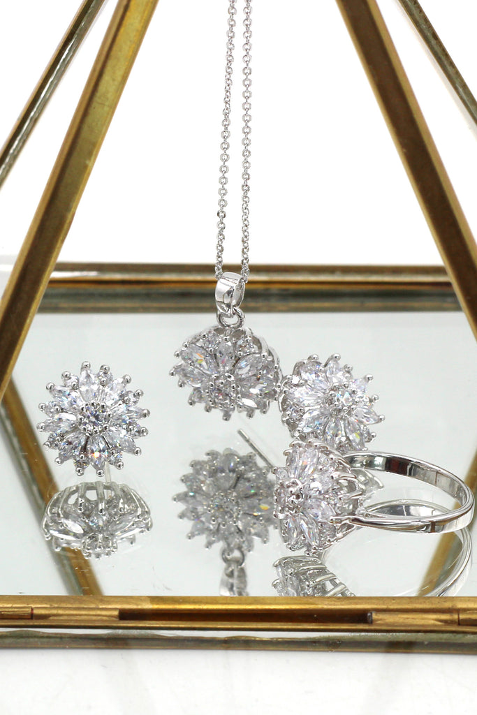 Shining crystal sun flower necklace earrings ring set