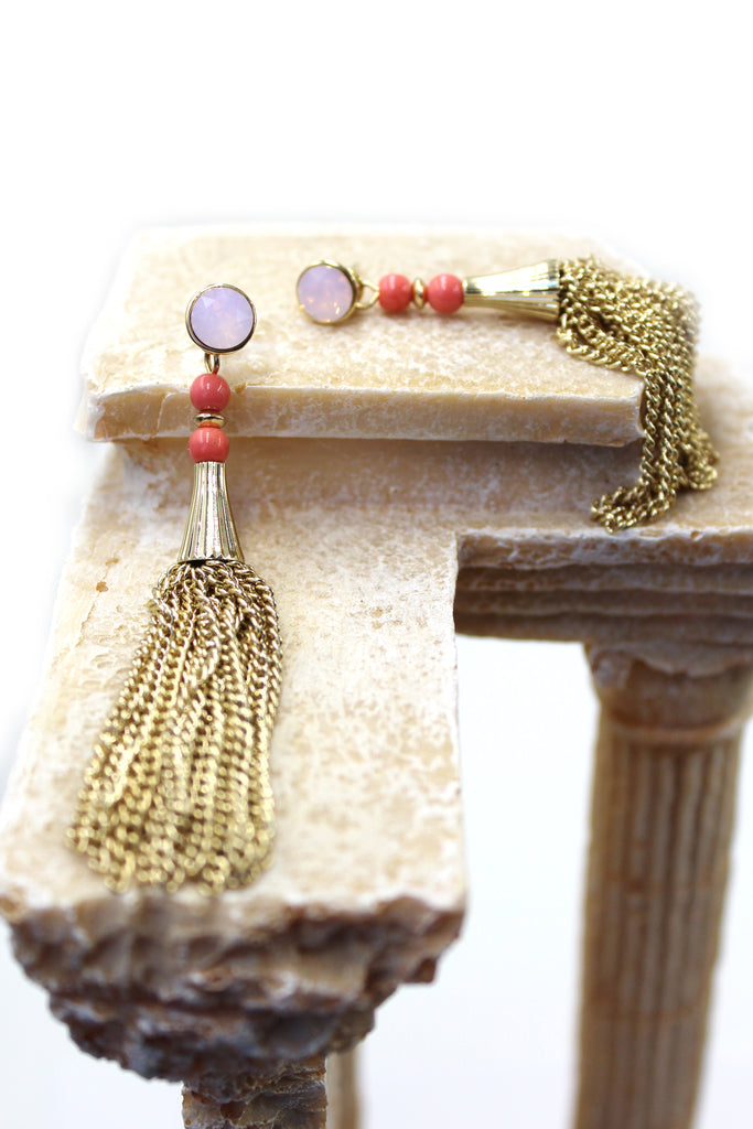 pink crystal tassel earrings
