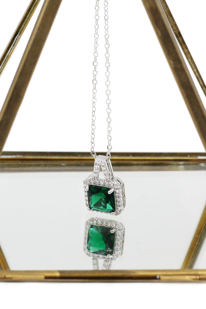 elegant square crystal pendant silver necklace