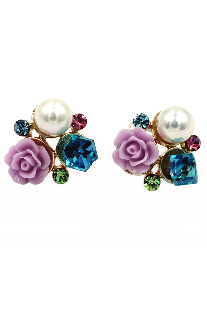 lovable colorful flower crystal pearl earrings