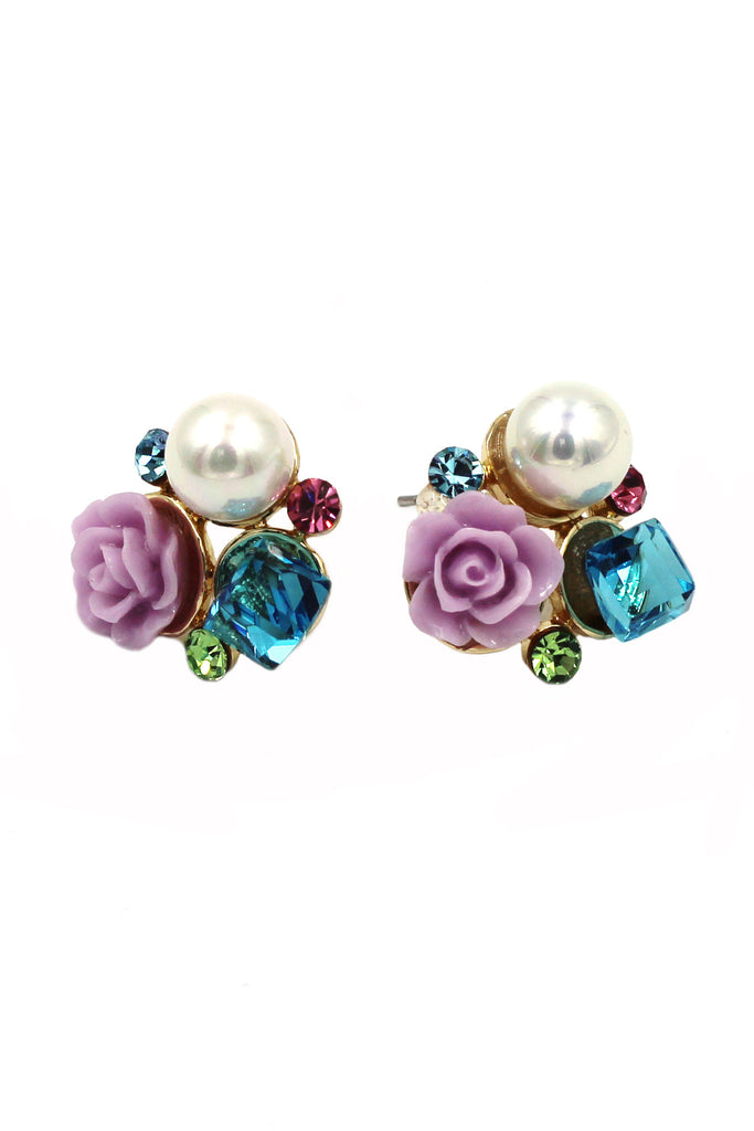 lovable colorful flower crystal pearl earrings