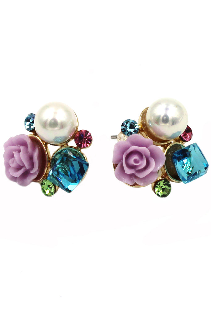 lovable colorful flower crystal pearl earrings