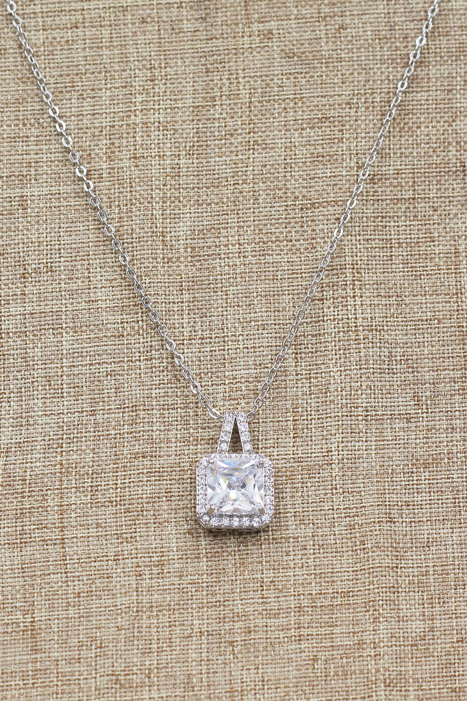 elegant square crystal pendant silver necklace