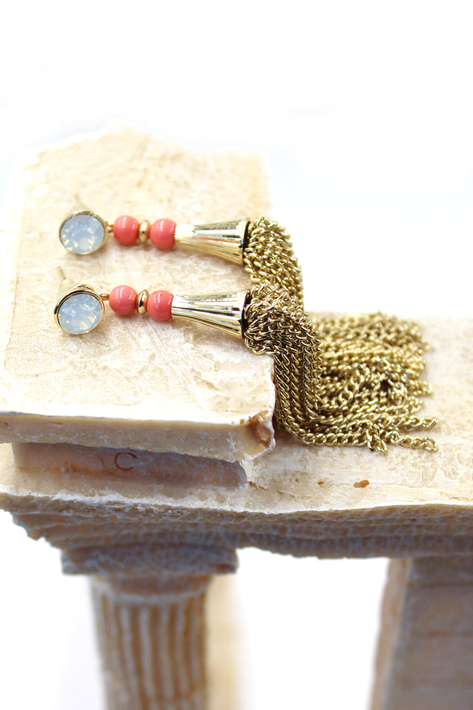 pink crystal tassel earrings