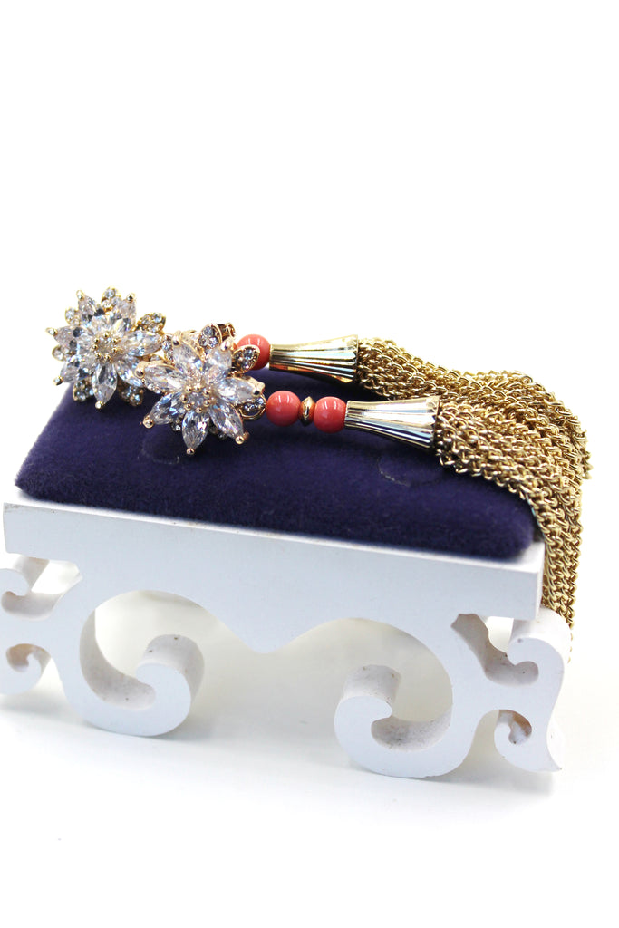 gold crystal flower tassel earrings