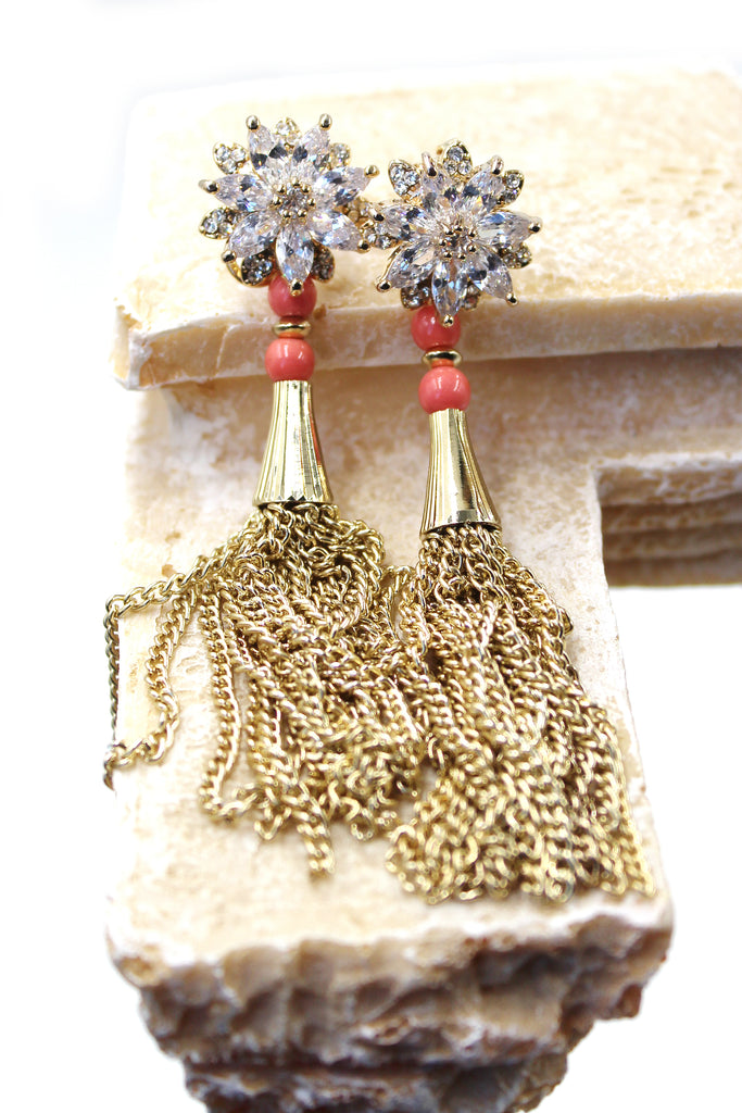gold crystal flower tassel earrings