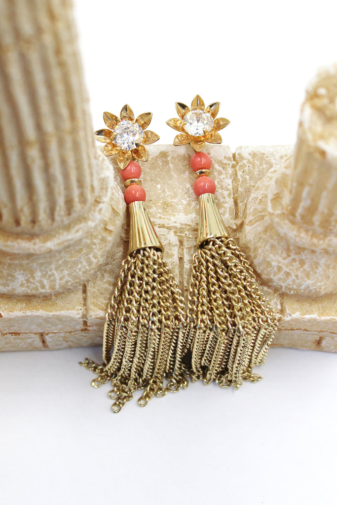 Sunflower crystal flower tassel earrings