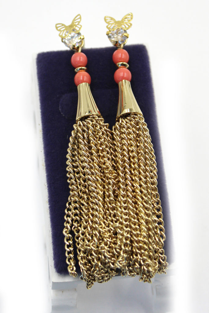 Gold crystal butterfly tassel earrings