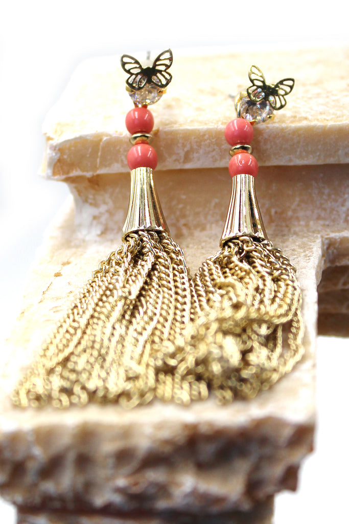 Gold crystal butterfly tassel earrings