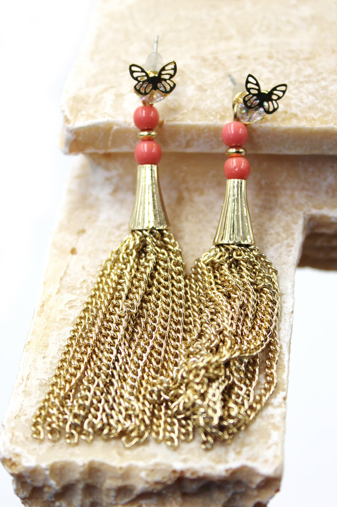 Gold crystal butterfly tassel earrings
