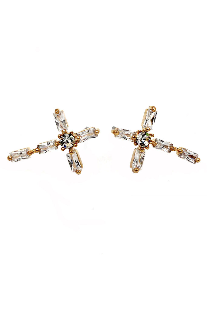 mini cross crystal gold earrings