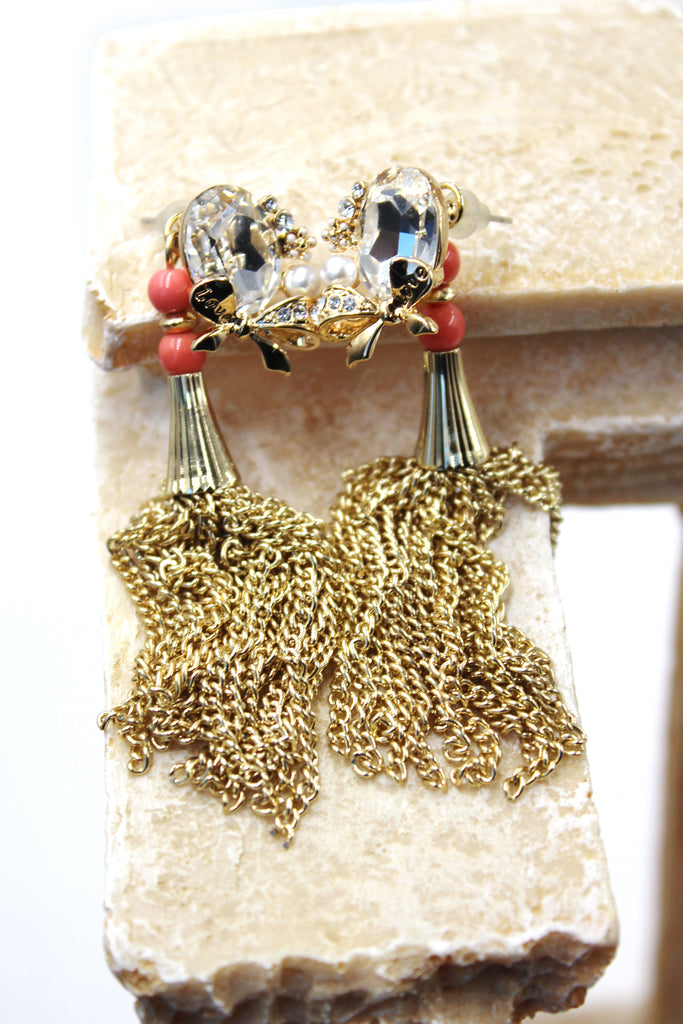 Tassel oval diamond bowknot gold earrings