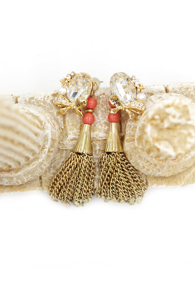 Tassel oval diamond bowknot gold earrings
