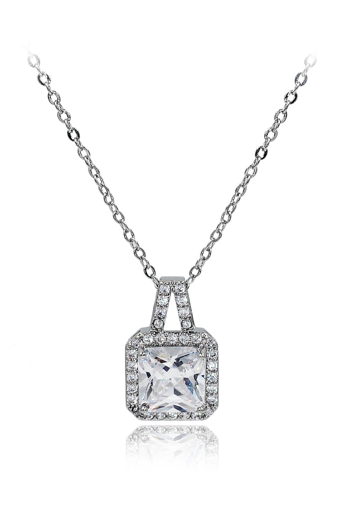 elegant square crystal pendant silver necklace