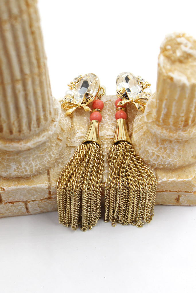 Tassel oval diamond bowknot gold earrings