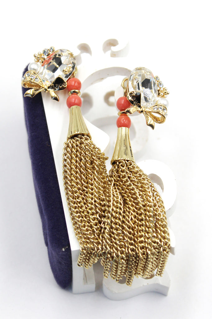 Tassel oval diamond bowknot gold earrings