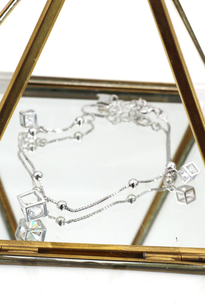 delicate square silver bracelet earrings set