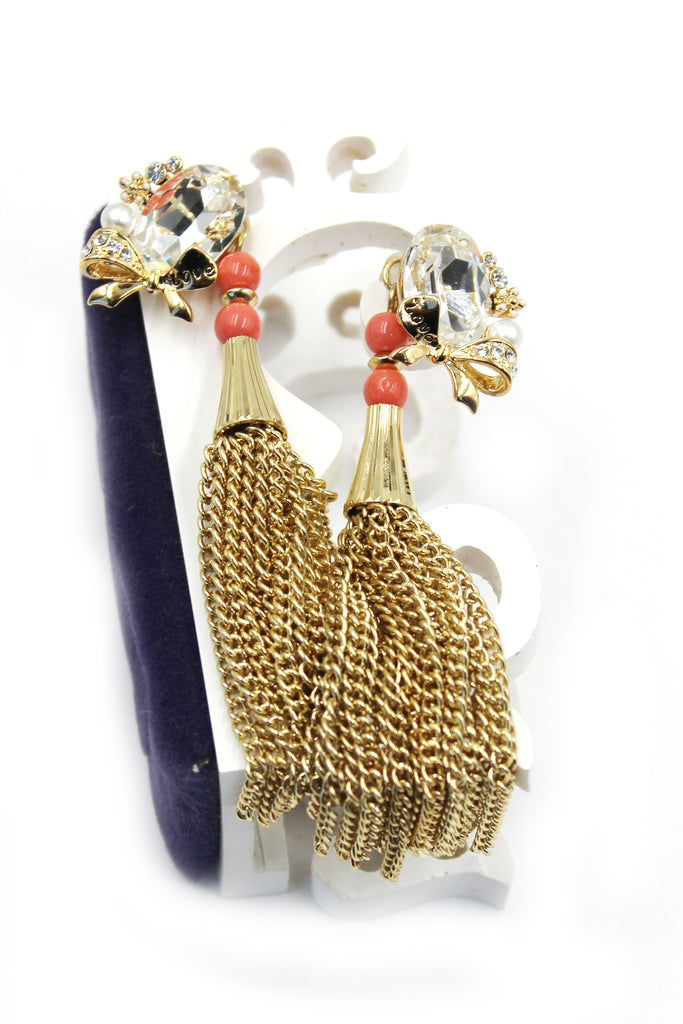 Tassel oval diamond bowknot gold earrings