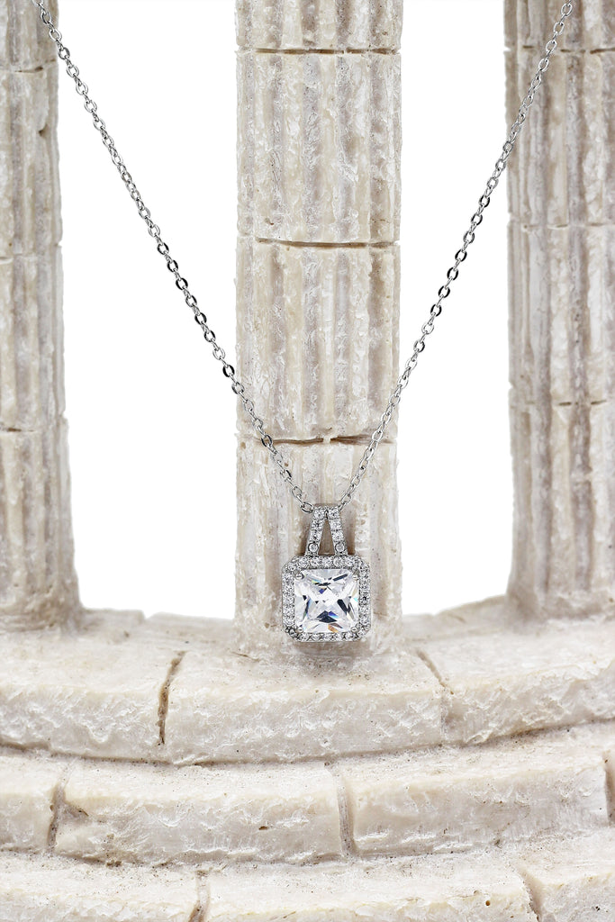elegant square crystal pendant silver necklace