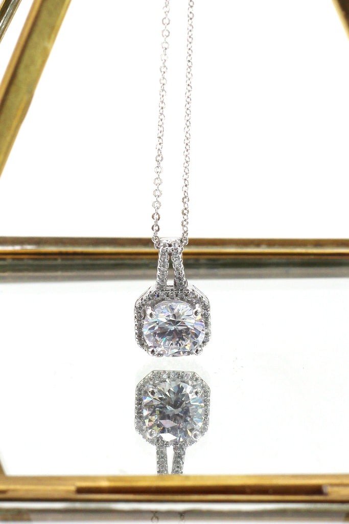 delicate crystal square frame sterling silver necklace