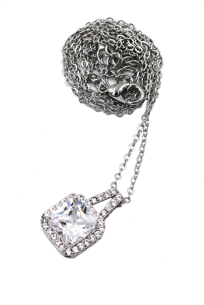 elegant square crystal pendant silver necklace