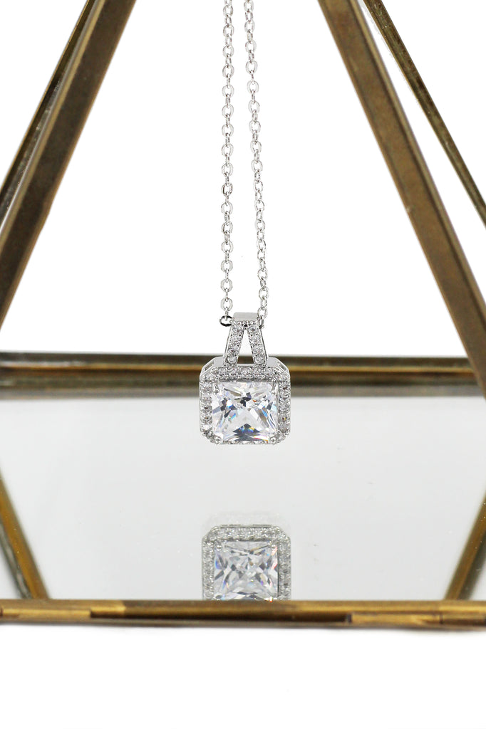 elegant square crystal pendant silver necklace