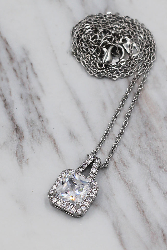 elegant square crystal pendant silver necklace