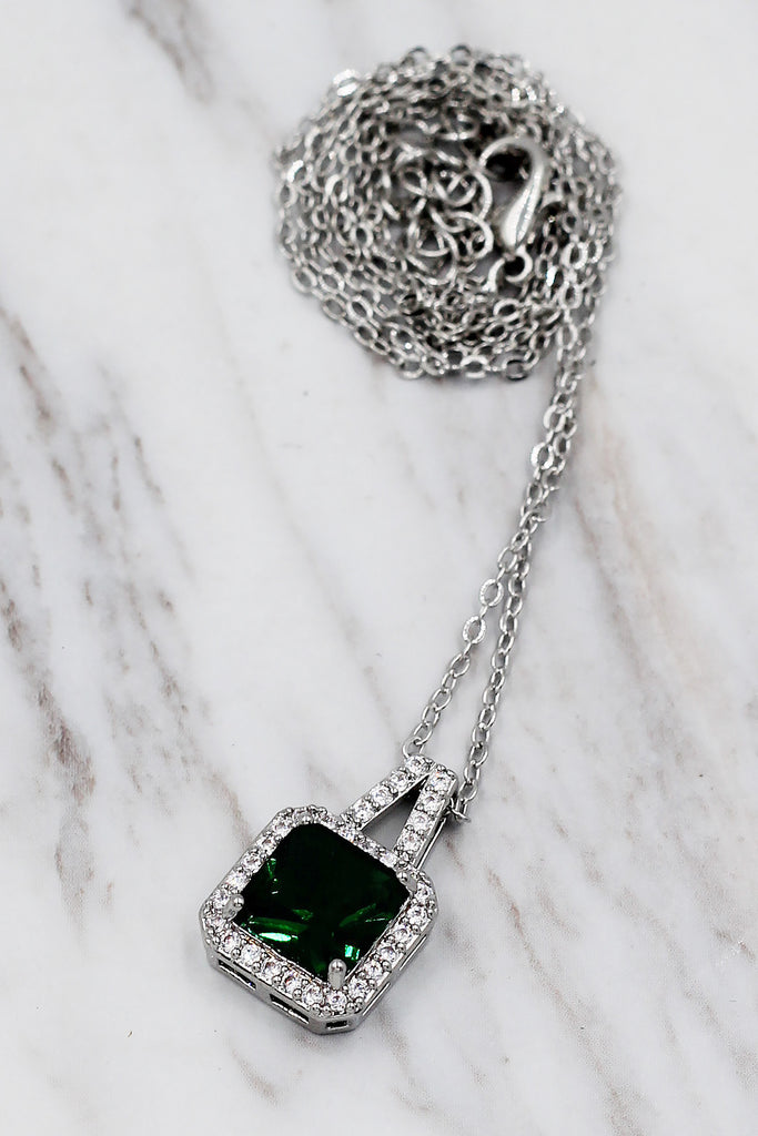 elegant square crystal pendant silver necklace