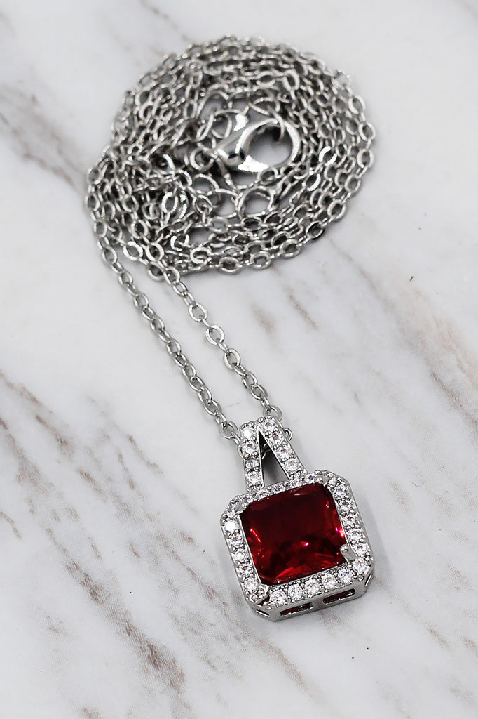 elegant square crystal pendant silver necklace