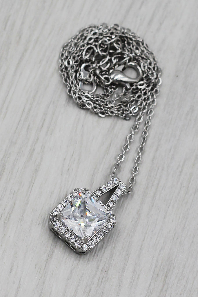 elegant square crystal pendant silver necklace