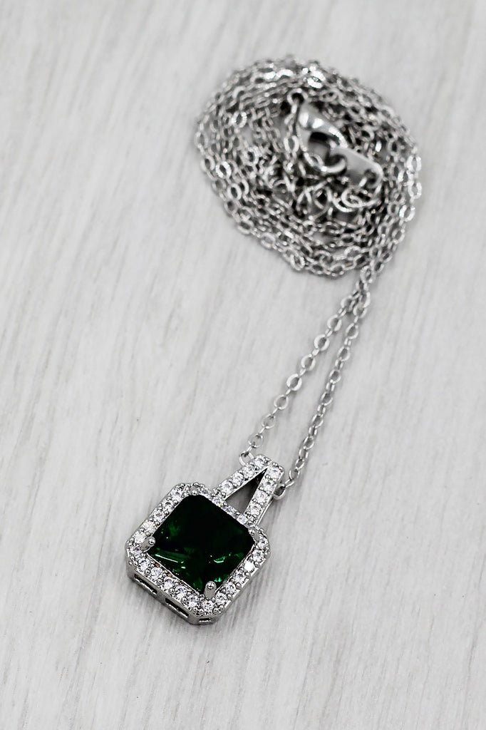 elegant square crystal pendant silver necklace