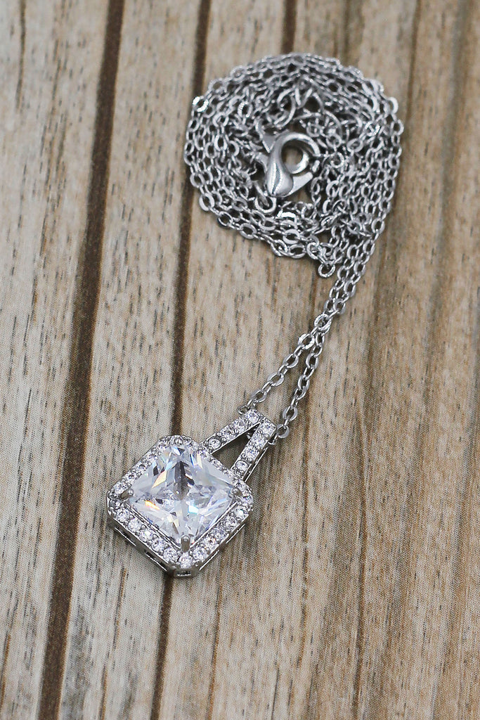 elegant square crystal pendant silver necklace
