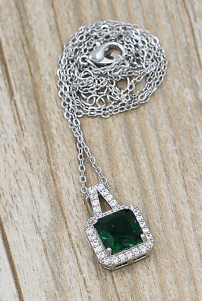 elegant square crystal pendant silver necklace