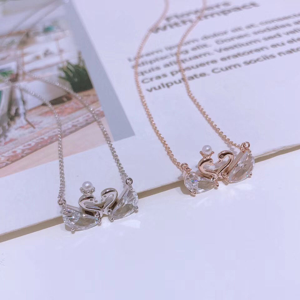 elegant mini double swan crystal necklace ring set
